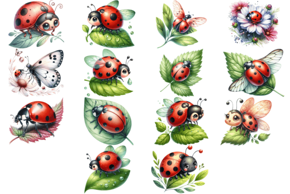 14 Watercolor Ladybug Clipart Bundle