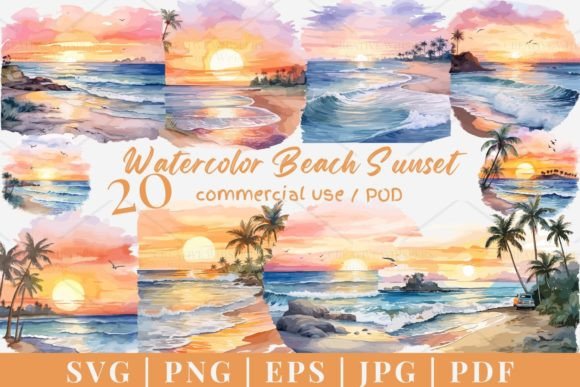 20 Watercolor Beach Sunset SVG PNG Review