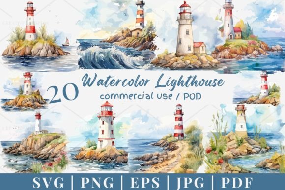 20 Watercolor Lighthouse, SVG, PNG 954: A Soft, Coastal Vibe for Branding & Visual Content