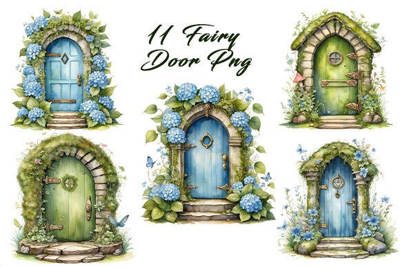 Fairy Door Watercolor Clipart PNG Bundle – Perfect for Whimsical Craft Projects