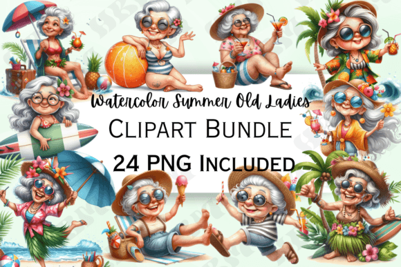 Funny Watercolor Summer Old Lady Clipart for Etsy & Creative Sellers