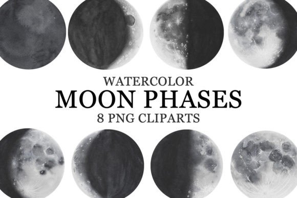 Moon Phases Watercolor PNG Cliparts for Illustrations & Brand Design