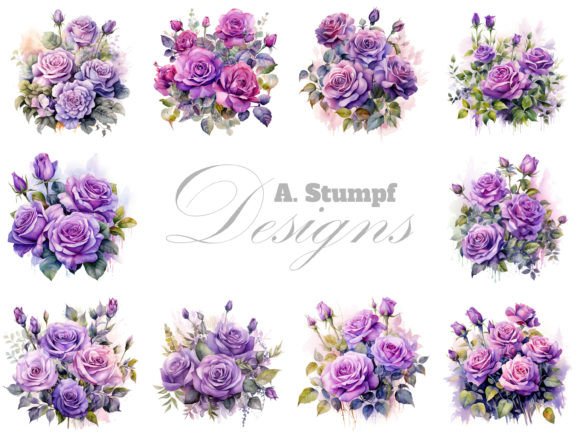 Purple Roses Watercolor Flowers Clipart