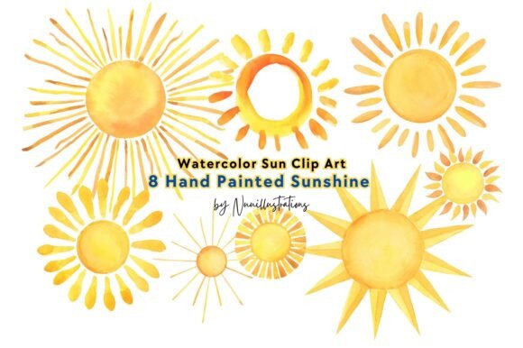 Sun Watercolor Clip Art Hand Painted Illustrations for Real Design Projects