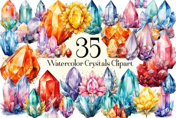 Watercolor Crystals Clipart, Gems, Jewels Illustrations for Local Branding