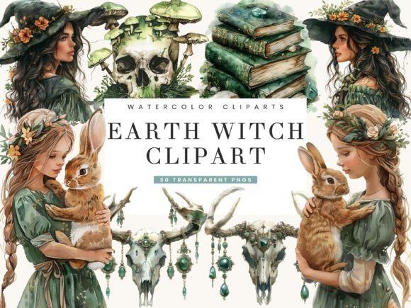 Watercolor Earth Witch Clipart Bundle for Visual Storytelling in Content Publishing