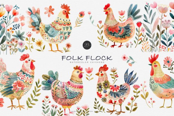 Watercolor Folk Chicken Illustrations: A Charming Design Asset for Local Branding