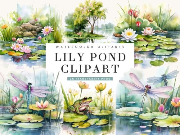 Watercolor Lily Pond Clipart Bundle for Editorial & Blog Design