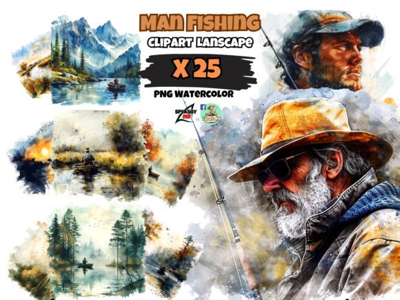 Watercolor Man Fishing Clipart Landscape Review