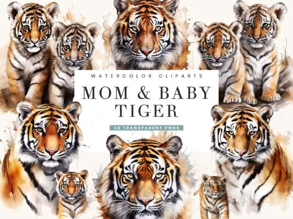 Watercolor Mom and Baby Tiger Clipart for Branding and Creative Projects