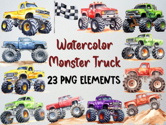 Watercolor Monster Truck Clipart for Illustrations & Digital Product Sellers