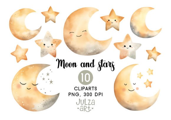Watercolor Moon and Star Clipart for Bloggers and Digital Publishers