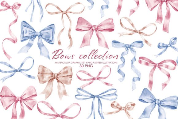 Watercolor Ribbon Bows Clipart PNG for Illustrations & Digital Product Sellers