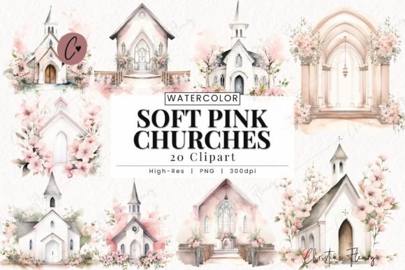 Watercolor Soft Pink Church Clipart for Crafters & Etsy Sellers