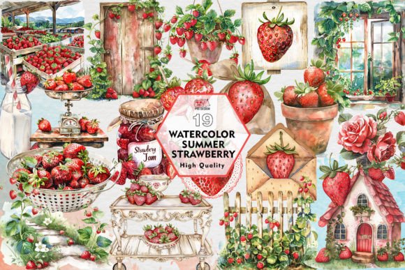 Watercolor Summer Strawberry Clipart for Creative Sellers and Digital Product Makers