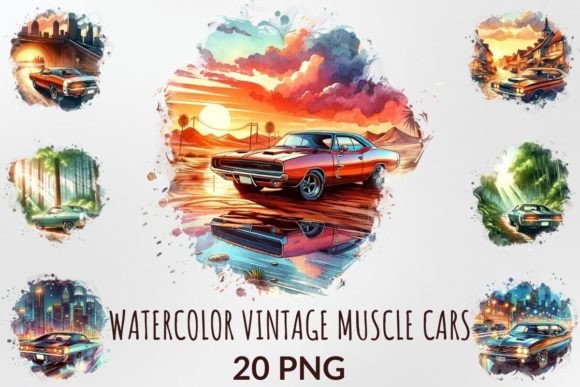 Watercolor Vintage Muscle Cars Clipart for Blog & Editorial Design