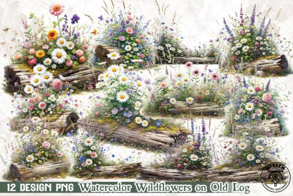 Watercolor Wildflowers on Old Log Illustration: A Fresh Touch for Local Branding